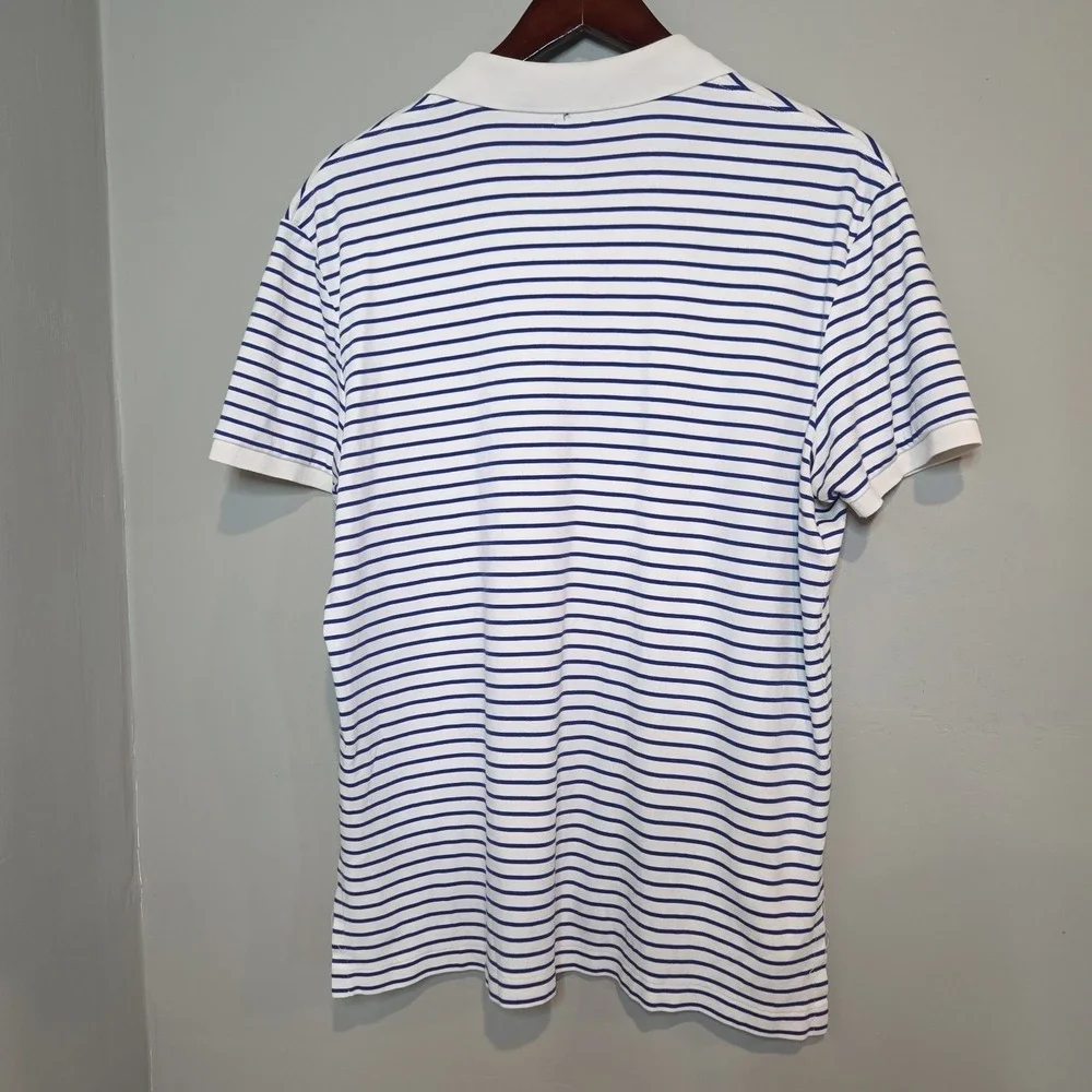 Polo Ralph Lauren Slim Fit Striped Polo Shirt White Navy Logo Men's Size L